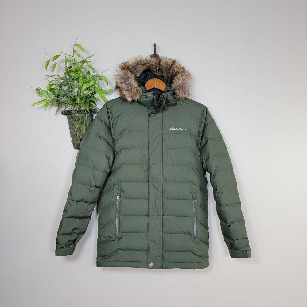 Eddie Bauer S Boundary Pass Down Parka Green Puffer Faux Fur Hood Coat Jacket